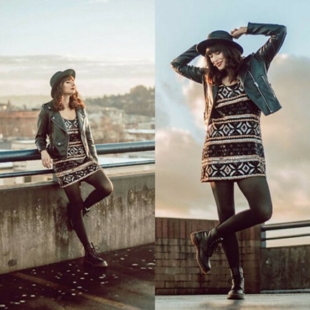 Free People Black Tan Pewter Sequin Mini Shift S